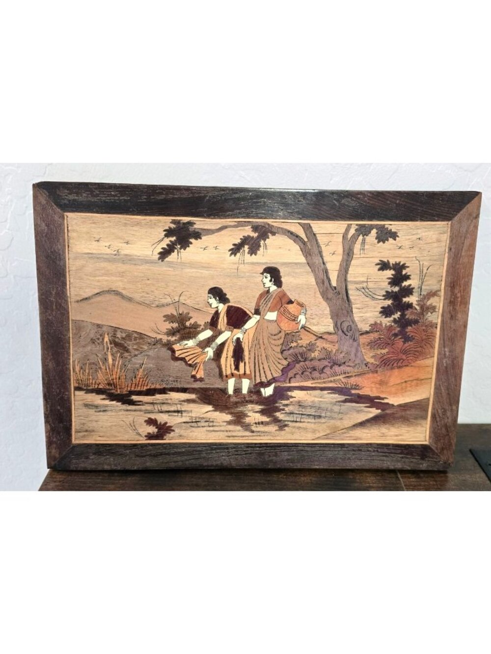 Vintage Marquetry Art Asian Women By A River With Rustic Frame - 15x10" Handcraf